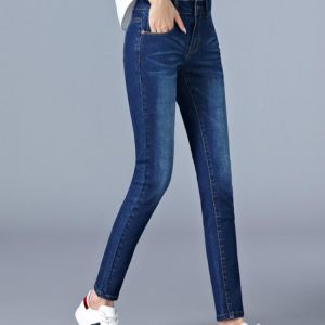 JEANS WOMAN HIGH WAIST FULL LENGTH ELASTIC MOM SKINNY PENCIL FEMALE DENIM PANTS   100kg