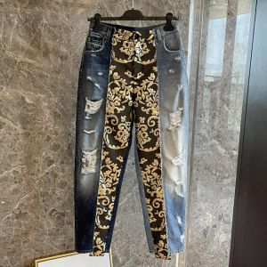 High Quality Fashion Runway Woman's Jeans Retro Patchwork Jacquard Street  Ripped Jeans Comfort Leisure Woman 2021