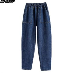DIMANAF Women Jeans Pants High Waist Loose Denim Female Elastic Waist 2021 Spring Basic Pockets Blue Trousers High Waisted Jeans