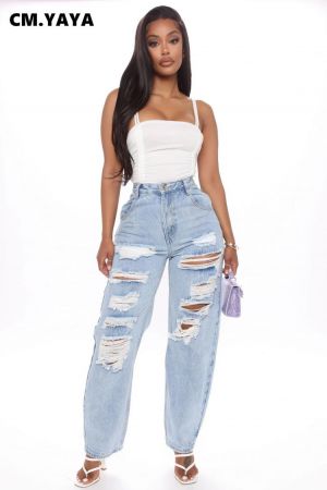 CM.YAYA Cut Out Hole Washed Denim Pants Women Retro Straight Jeans Trousers Streetwear High Waist Lady Pants