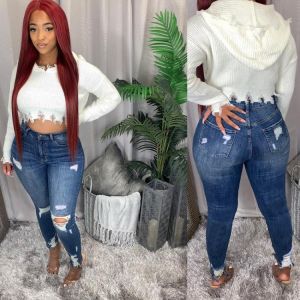 Plus Size Light Blue Ripped Jeans for Women Street Style Sexy Mid Rise Distressed Trouser Stretch Skinny Hole Denim Pencil Pants