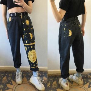 2021 Digital Moon Star Printed Straight Pants Trendy Pants Jeans Fashion Printed Ladies High Waist Young Girls Chic Denim Pants