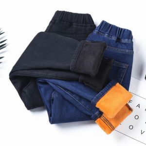 Plus Size 3XL 4XL 5XL Women's Warm Winter Jeans Black Blue Thick Fleece Slim Fit Stretch Jean Pants High Waist Student Trouse
