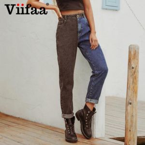 Viifaa Black and Blue Two Tone High Waist Denim Jeans for Women 2021 Zipper Fly Casual Ladies Straight Jeans