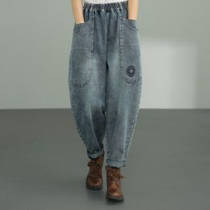 2021 New Arrival Autumn Women Cotton Denim Ankle-length Pants Elastic Waist Casual Loose Pocket Patchwork Harem Pants Jeans W686