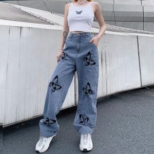 Women's High Waisted Jeans Butterfly Print Straight Wide Leg Denim Pants Baggy Loose Casual Trousers Streetwear