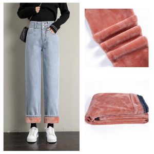Winter New Women Thick Velvet Mopping Jeans Fashion High Waist Wide Leg Pants Jeans Plus Velvet Casual Warm Denim Trousers