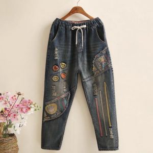 2021Spring Autumn New Women Embroidery Retro Jeans High Waist Nine Points cowboy trousers Large Size Denim Harlan Pants Femme126