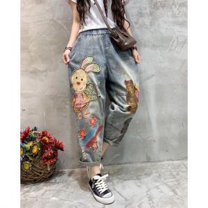 New Autumn European Style Women Loose Casual Cotton Denim Ankle-length Pants Elastic Waist Embroidery Harem Pants Jeans W704