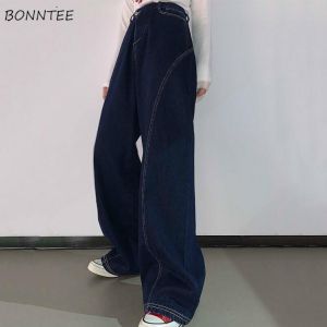 High Waist Jeans Women Dark Blue Denim Pockets Fashion Comfortable Simple Streetwear All-match Teens Leisure Wide Leg Trousers