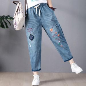 9265 Spring Summer Fashion Women Embroidery Scratches Ankle Length Jeans Office Lady Elastic Waist Blue Casual Harem Denim Pants