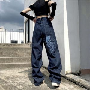 New Dragon Embroidery Jeans women Straight Pants Trousers Female Retro Harajuku High Street Denim Bagge Cool Autumn Jeans Femme