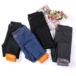 Winter Fleece Velvet  Pencil Jeans For Women Casual Pants High Elastic Waist Gold Fleeces Inside Warm Pants