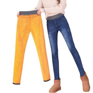 Women Winter Warm Skinny Jeans Pants Velvet Thick Trousers High Waist Elastic Middle Aged Mother Stretch Pants Plus Size 36 38