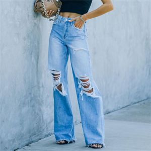 Black Hole Ripped Distressed Straight Women's Fashion Jeans Oversize High Waist Boyfriend Wide Legs Denim Pants Street Clothi