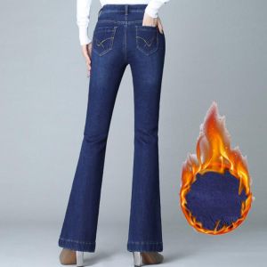 Women's Winter Thicken Warm Plus Velvet Cotton Denim Flared Jeans High Waist Slimming Stretchy Plus Size S To 6XL Flare Trous