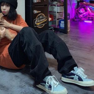 Fashion retro jeans washed and worn black straight-leg pants female BF large size street hip-hop ins tide loose casual trousers