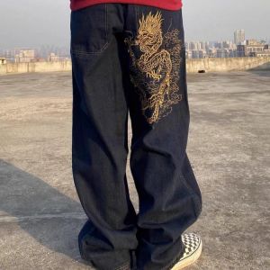 Retro Street Skateboarding Street Dance Loose Chinese Dragon Embroidered High Waist Jeans Womens Daddy Mopping Jeans Womens 2021