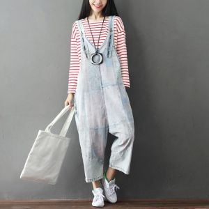 Women's Casual Jeans Overalls Plus Size Loose Print Denim Cross-pants Ankle Length Overalls