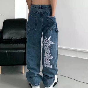 2021 new letter embroidery jeans women's street retro wild oversized wide-leg pants lovers loose trend casual high-waist pant
