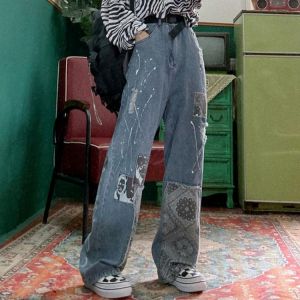 Street hip hop womens plus size jeans handsome retro womens high waist wide leg pants jeans BF loose wild straight leg jean 2021