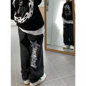 all in one place בגדי נשים Retro trend American hip-hop street loose jeans pocket letter star print high waist all-match straight wide leg pants women