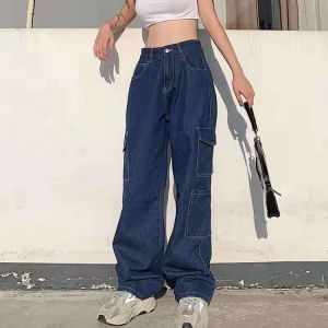 European and American retro Y2K streetwear multi-pocket straight-leg jeans womens drape high-waist straight-leg jeans women 2021
