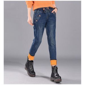 Women Jeans Warm Big Size 5XL Winter Fleece befree Trousers Female High Waisted Elastic Velvet Thickening Loose mom Jeans
