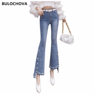 Drop Shipping Retro Beading Split Jean for Women High Waist Large Size Jeans Mujer Mom Cowboy Denim Skinny Flare Pants With Belt