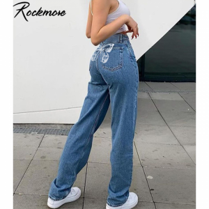 Rockmore Hip Butterfly Print High Waist Women'S Jeans 90s Streetwear Trousers Baggy Straight Pants Harajuku Casual Denim