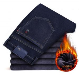 Thick fleece jeans men's elastic straight tube loose winter slim casual autumn winter warm outer wear jeans pants