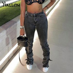Yiallen Autumn Cotton Distressed Jeans Women Fashion Street Style High Waist Denim Split Pocket Straight Leg Trousers Female