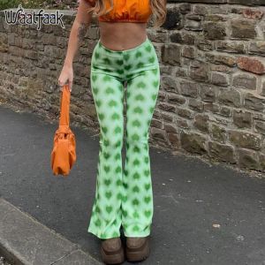 Waatfaak Green Heart Printed Flare Pants High Waist Summer 90S Pants Baggy Streetwear Joggers Women Fitness 90S Vintage Trousers