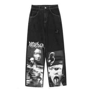 HOUZHOU Gothic Baggy Jeans Women Punk Hippie Streetwear Print Y2K Wide Leg Trousers Harajuku Grunge Denim Pants Vintage 90s