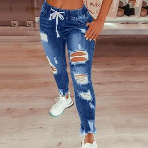 Women sweatpants Jeans Elastic Drawstring Holes Long pants Streetwear Female clothing джинсы женские модные 202