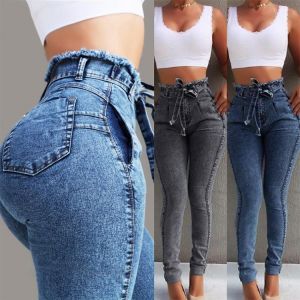 YYCZF High Waist Jeans For Women's Slim Stretch Denim Jean Elastic Bodycon Tassel Belt Bandage Skinny Push Up Jeans Femme