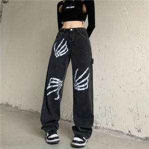 Harajuku Street Button Fly Pants Dark Goth Lady Skeleton Palm Print Cool Hipster Denim Pant Black Gothic Women Punk Long Jeans