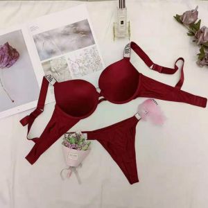 Thong Secret Rhinestone Bikini Lingerie Briefs Set Panty 2 Piece LettersbWomen Underwear Set Push Up Adjustable Sexy Bra Suit