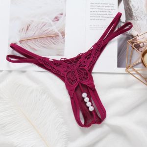 Embroidered Underwear Women Sexy Transparent Hollow Temptation Pearl Women g String Cotton Thong Panties See Through T-pants