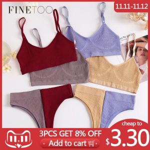 FINETOO Seamless Women Top Panties Set Cotton Tops Low Waist G-String Underwear Set Soft Active Wear Lingerie Fitness Crop Top