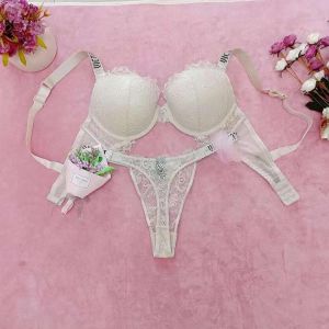 Lace Thong Secret Rhinestone Bikini Lingerie Panty Set 2 Piece Letters Women Underwear Set Push Up Adjustable Sexy Bra Suit