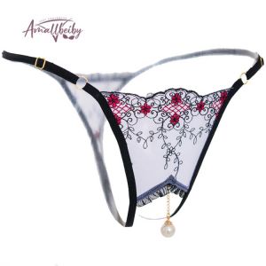 Pearl Pendant Open Thongs Lace Women Underwear Crotchless Embroidery G String Tanga Briefs Lace Transparent Sexy Lingerie