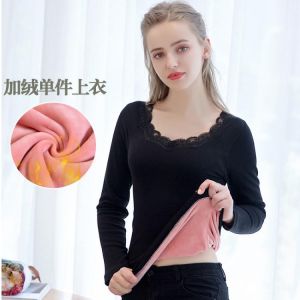 Winter Women's Thermal Underwear Fashion Slim Bodycare Sexy Lace Collar Design Fleece Lace Woman Winter Clothing Warm Pullove