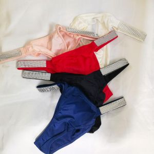 Bikini Panties Women Sexy Luxury Letter Rhinestones Lingerie G String Comfort Seamless Satin Silk Intimates Thong Underwear Pink