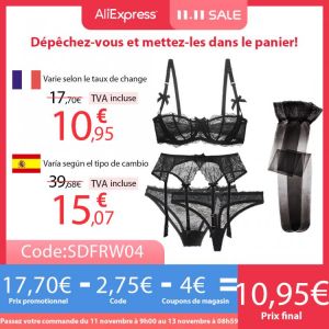 Varsbaby sexy lace 5 pcs bras+garters+panties+thongs+stockings underwear black/pink /white plus size bra set