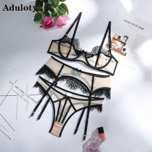 Aduloty Hot Selling Net Gauze Eyelashes Fashion Sexy Lingerie Underwear Transparent Perspectiveh Garter Thong Gathered Bra 3pcs