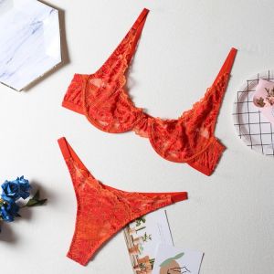 Sexy Lingerie Deep-V Floral Embroidery Underwear Push up Underwire Bra Transparent Erotic Brief Sets Intimate Wholesale