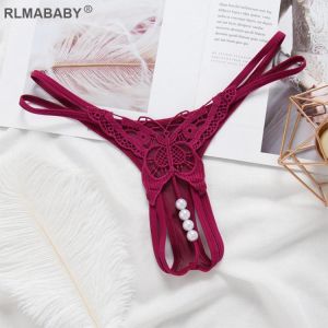 Sexy Women Pearl Massuge Thong Fashion Butterfly Underwear Lingerie Briefs Embroidery Hollow Out G-String Panties