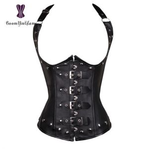 Black Women's Punk Style Spiral Steel Boned Waist Trainer Cincher Shaper Faux Leather Corset Underbust For Party Costumes 828
