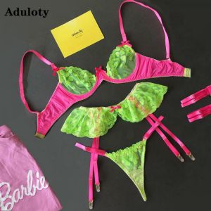 New women's sexy fluorescent lace embroidered garter underwear set steel ring gathered bra mesh perspective thong lingerie se